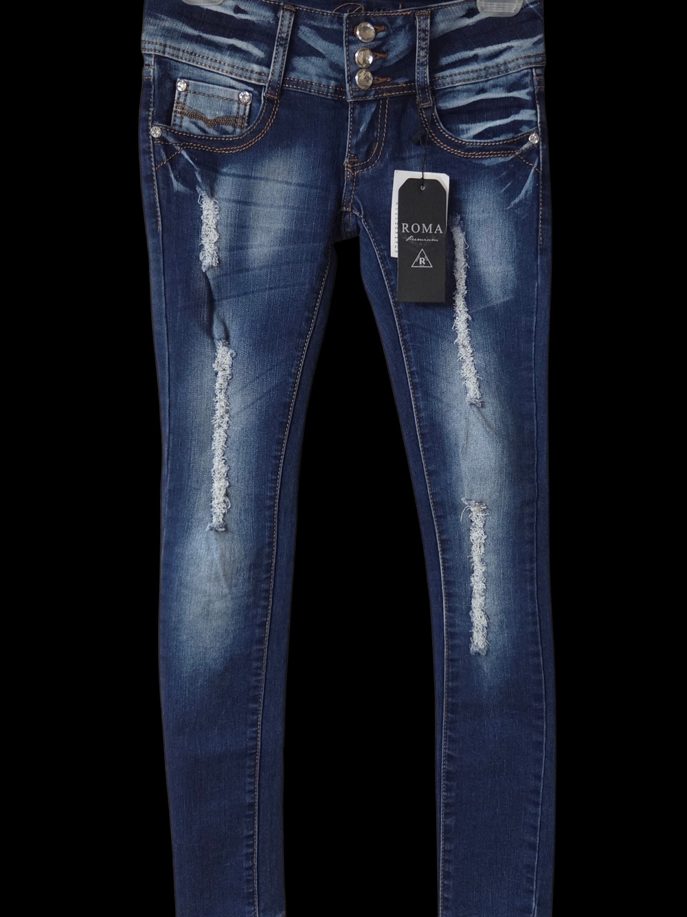 Roma Women’s Skinny Jeans - Dark Blue Distressed - Picture 2 of 9
